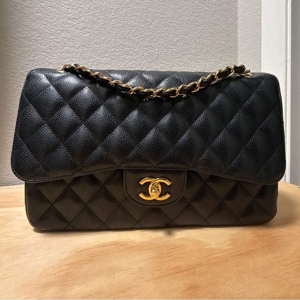 Chanel Black Caviar Jumbo Quilted Bag with Gold Chain